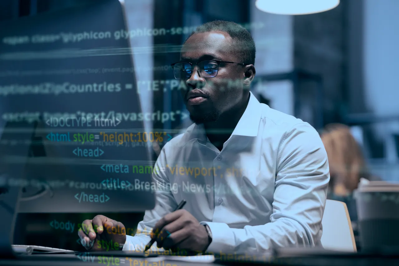Web developer with an illustrative code overlay
