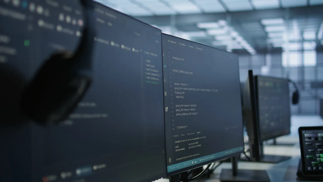 Code and monitoring screens in a technology workspace